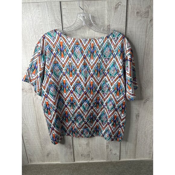 Cowgirl Up Womens Colorful Southwestern Aztec Print Blouse Large Blue Orange - Picture 2 of 7